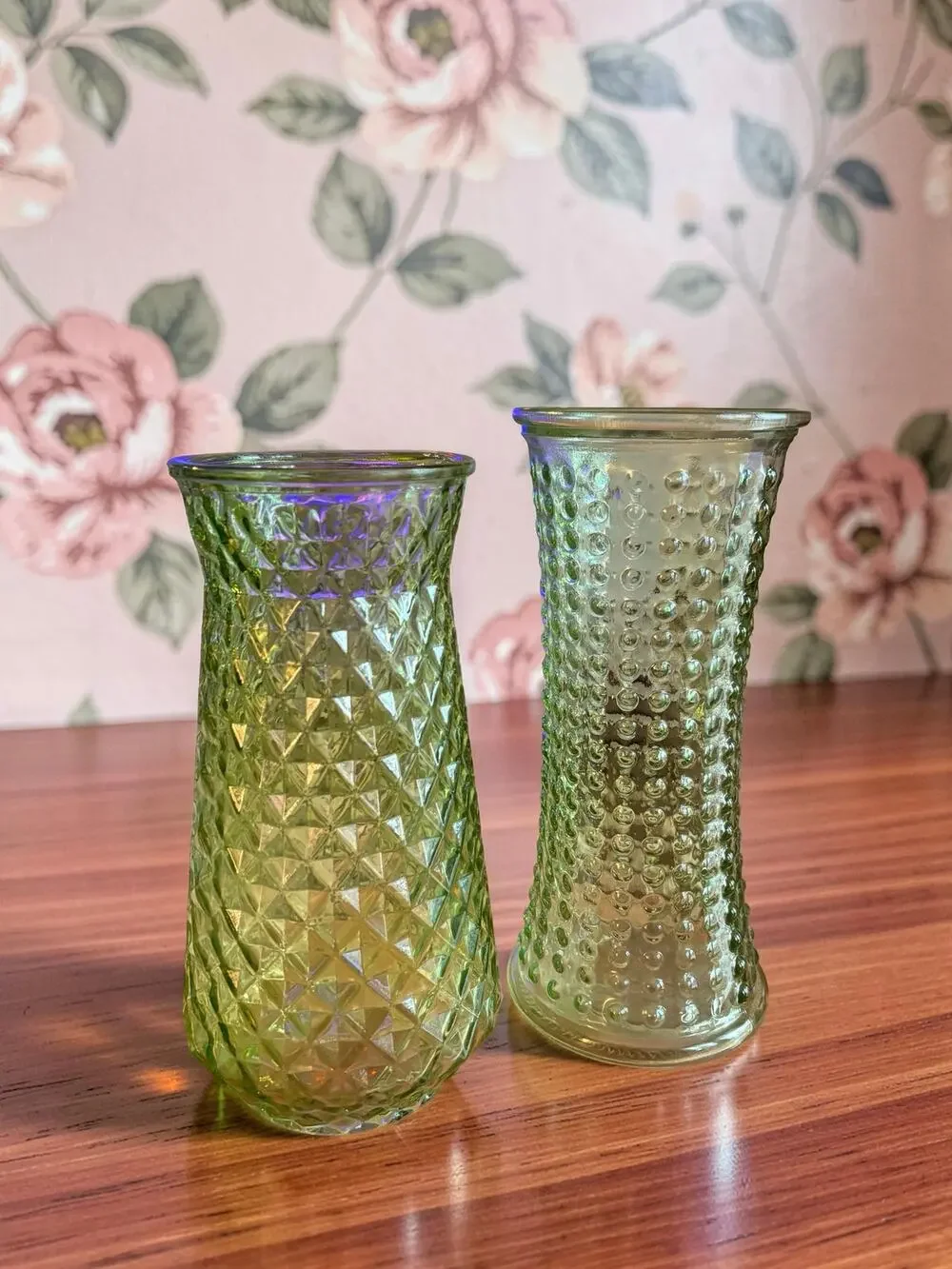 Vintage DPS Green Glass Vases Set of 2 Paula Hobnail MCM 1960s Textured 9-10